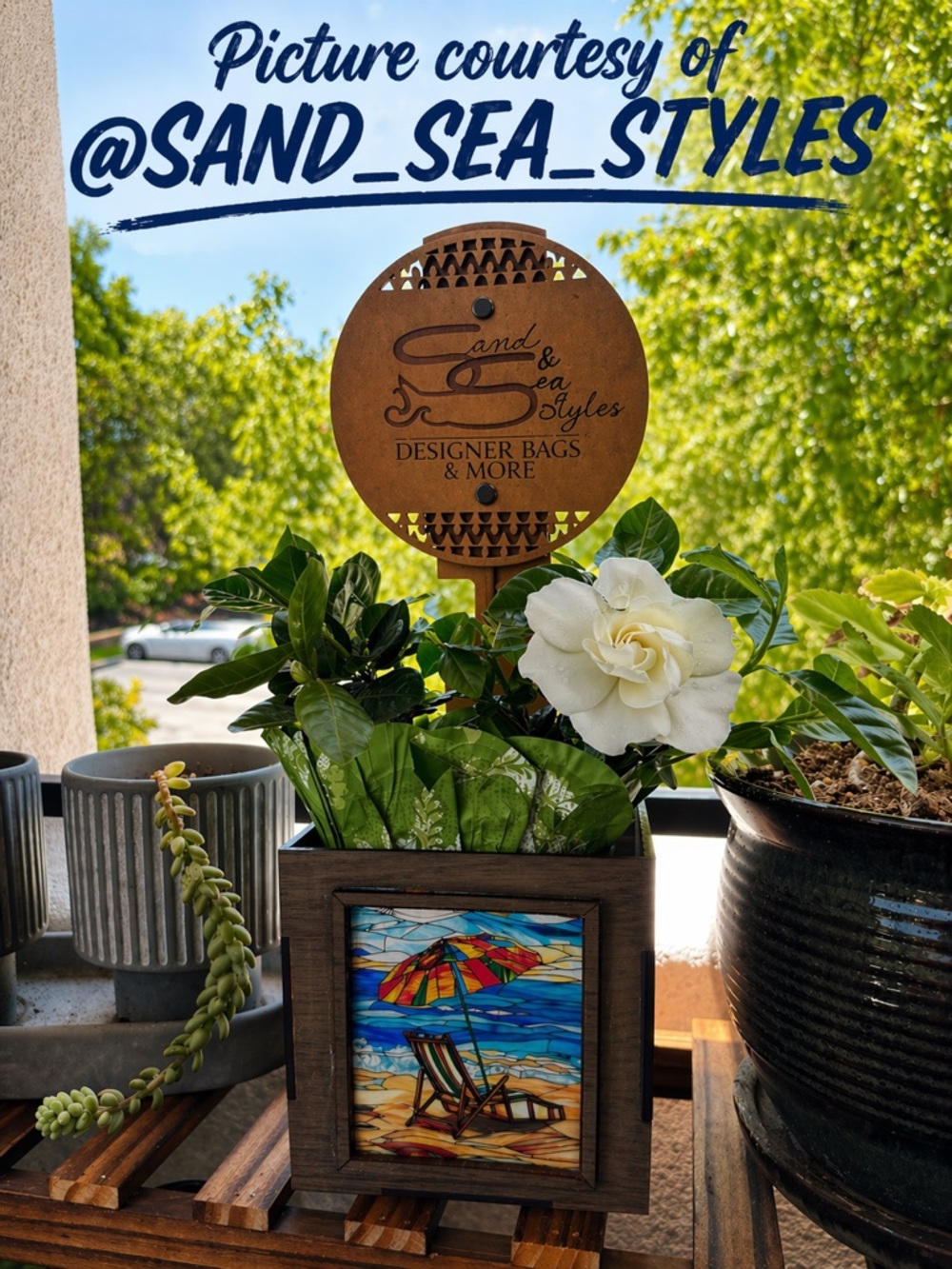 Hand crafted by me Wood Planter Box w/interchangeable scenes & customized sign!